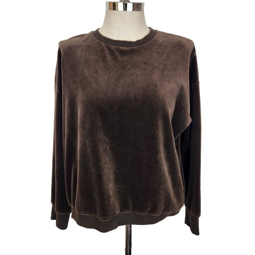 Vince Velour Crew Neck Pullover Sweatshirt Womens M Brown Long Sleeve Cotton